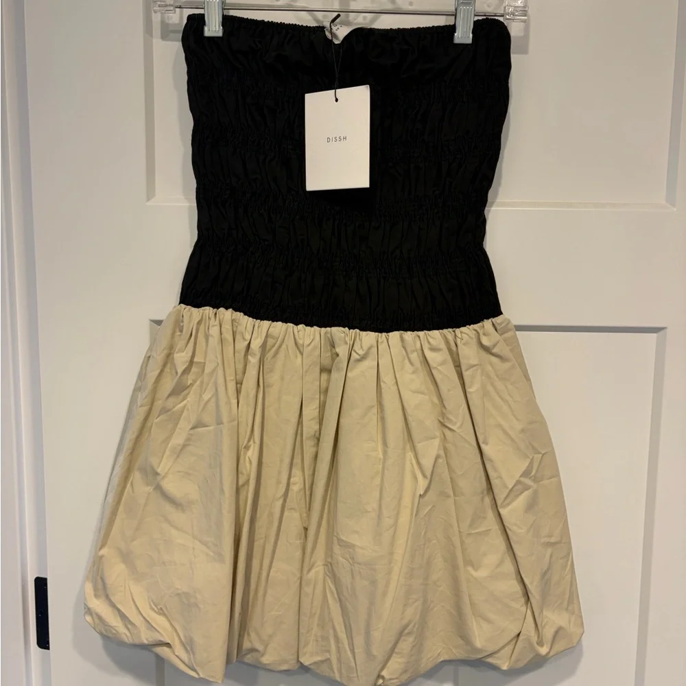 DISSH Black Smocked Strapless Mini Dress with Cream Skirt